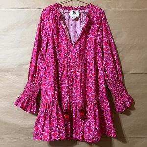 Figue | Bella Dress Tiered Popover Mini Dress Smocked Sleeve Pink Floral Size S